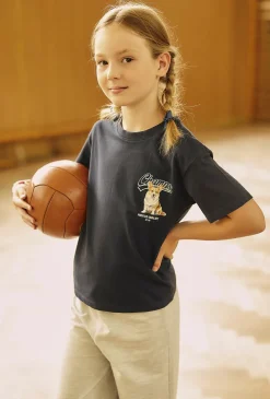 Pudełkowy t-shirt dziewczęcy - granatowy z pieskiem