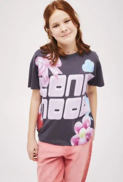 Pudełkowy t-shirt dziewczęcy szary z nadrukiem