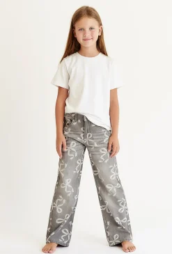Spodnie jeansowe Wide Leg dla dziewczynki - szare w kokardki