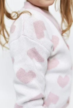 Sweter dziewczęcy rozpinany - ecru w różowe serduszka