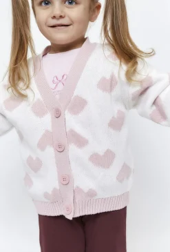 Sweter dziewczęcy rozpinany - ecru w różowe serduszka