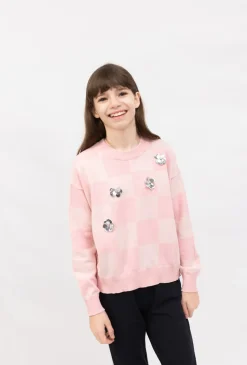 Sweter dziewczęcy w szachownicę z cekinowymi aplikacjami