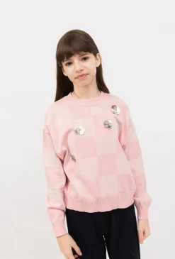 Sweter dziewczęcy w szachownicę z cekinowymi aplikacjami