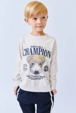 Szara bluzka chłopięca z nadrukiem CHAMPION i psem.
