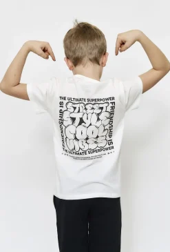 T-shirt bawełniany dla chłopca - biały z nadrukiem na plecach