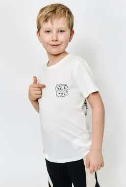 T-shirt bawełniany dla chłopca - biały z nadrukiem na plecach