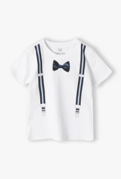 T-shirt biały z imitacją muchy i szelek - Max&Mia