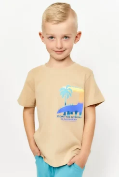 T-shirt chłopięcy z nadrukiem dinozaura - beżowy