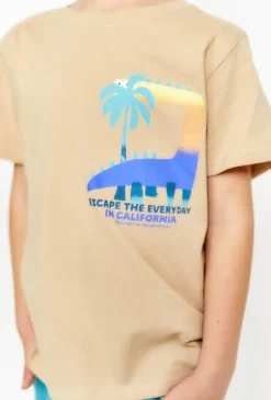 T-shirt chłopięcy z nadrukiem dinozaura - beżowy