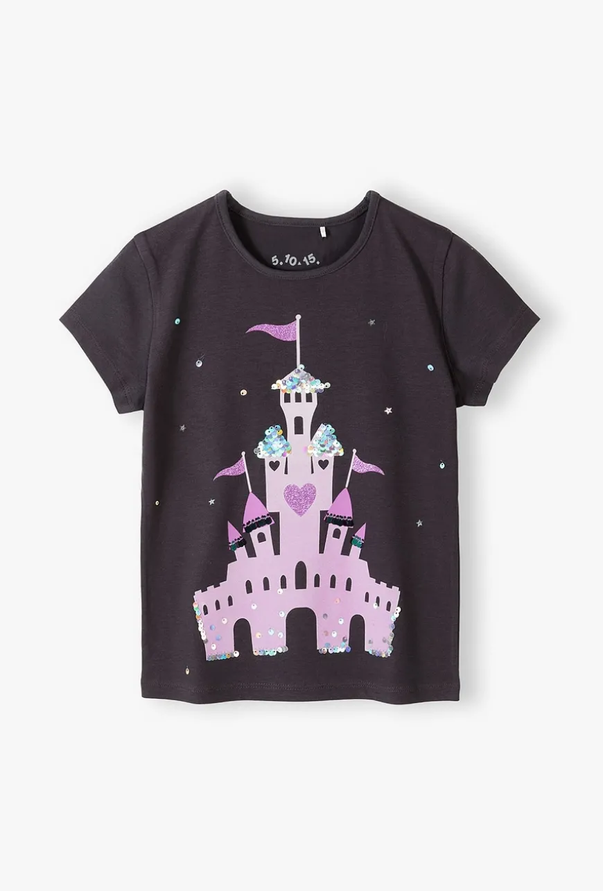 T-shirt dla dziewczynki z nadrukiem i cekinami