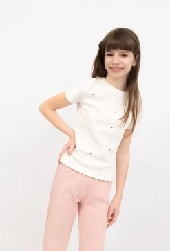 T-shirt dziecięcy prążkowany z ozdobnymi dżetami