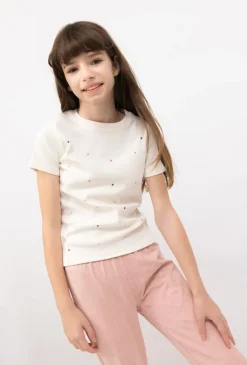 T-shirt dziecięcy prążkowany z ozdobnymi dżetami