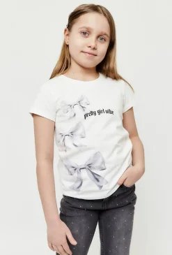 T-shirt dziewczęcy biały z nadrukiem kokardek