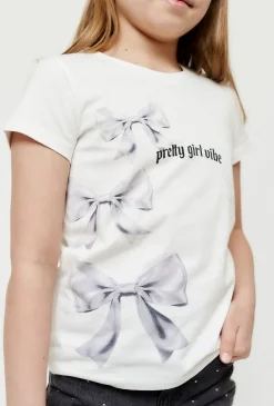 T-shirt dziewczęcy biały z nadrukiem kokardek