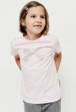 T-shirt dziewczęcy różowy z kokardką z koralików