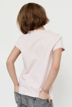 T-shirt dziewczęcy różowy z kokardką z koralików