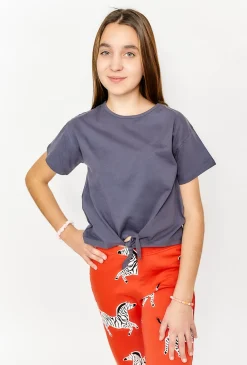 T-shirt dziewczęcy szary z wiązaniem