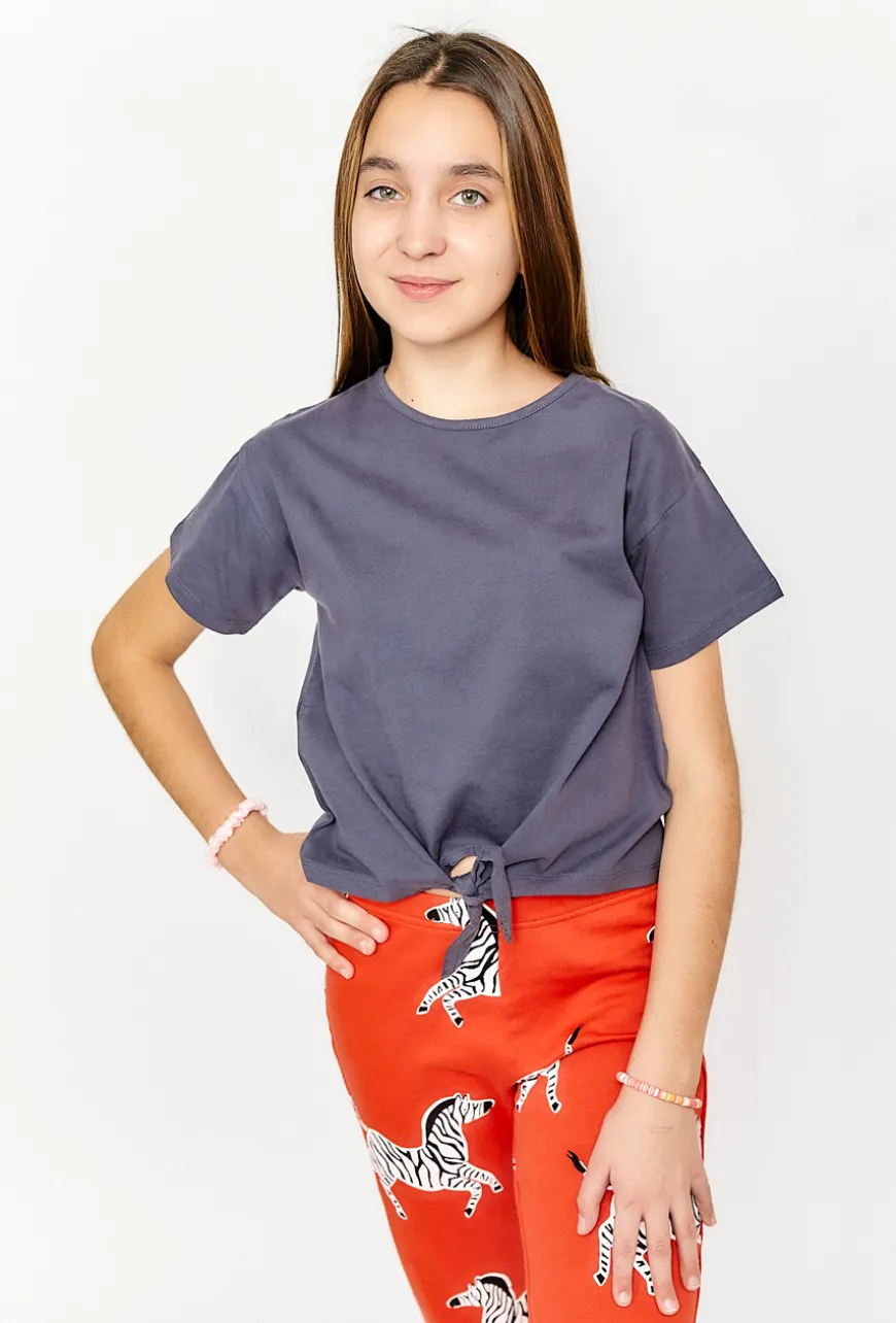 T-shirt dziewczęcy szary z wiązaniem