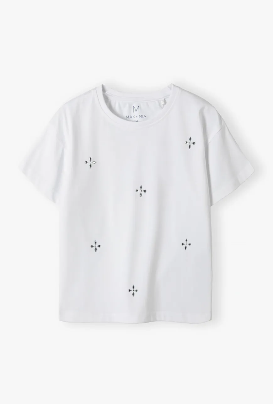 T-shirt dziewczęcy z błyszczącymi dżetami