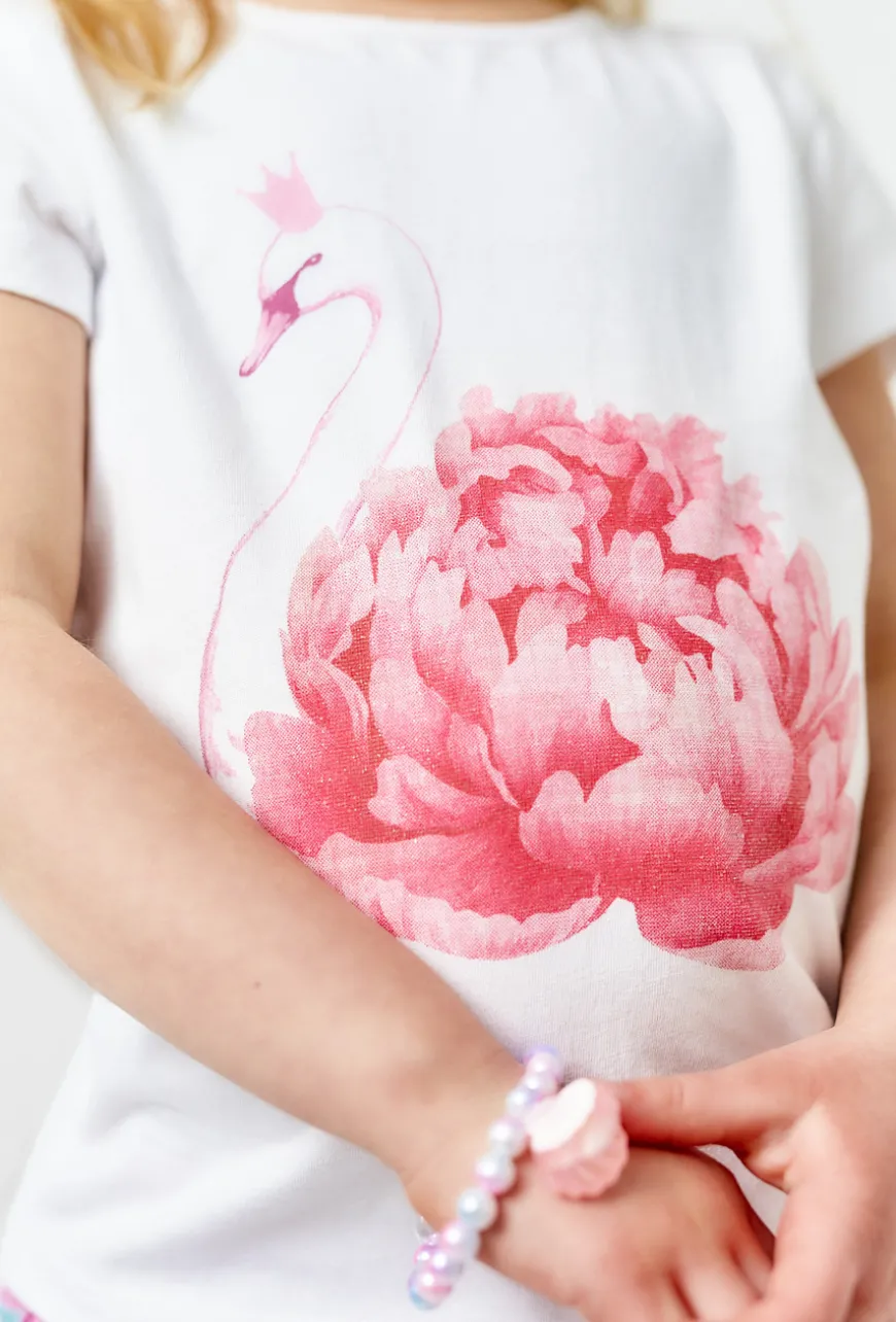T-shirt dziewczęcy z nadrukiem łabędzia