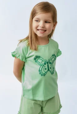 Zielony t-shirt dziewczęcy z motylkiem